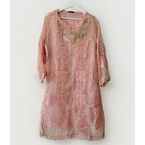 Agha Noor Amira Embellished Tunic Pink Gold Pearl Charms Crystals w/ Liner Small